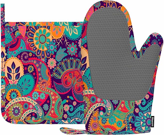 Mxocom Colorful Flowers Silicone Oven Mitts and Pot Holders Sets Exotic Curly Ethnic Fantastic Floral Colorful Artistic BBQ Gloves for Kitchen,Cooking,Baking,Grilling