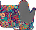 Mxocom Colorful Flowers Silicone Oven Mitts and Pot Holders Sets Exotic Curly Ethnic Fantastic Floral Colorful Artistic BBQ Gloves for Kitchen,Cooking,Baking,Grilling