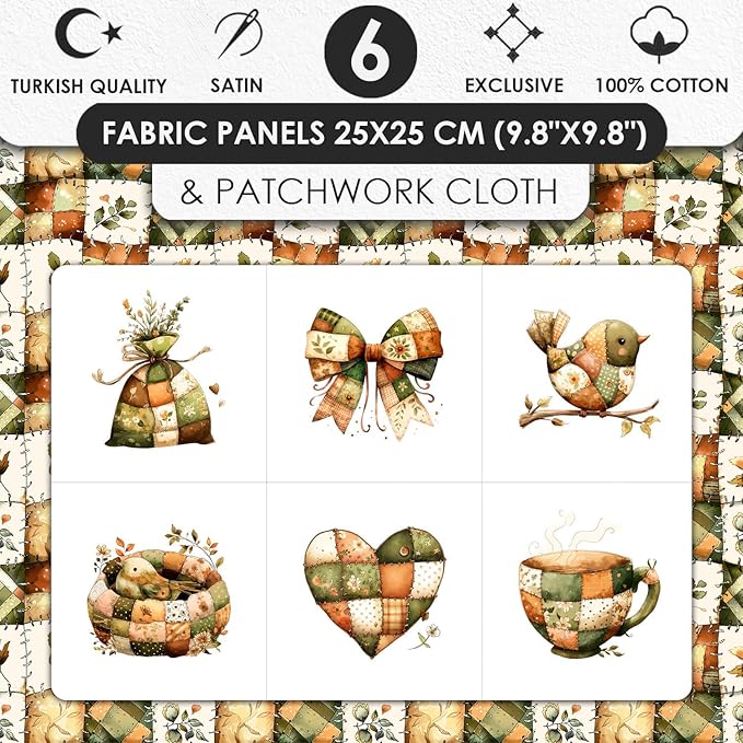 Rustic Patchwork Cotton Fabric Panel – 6 Designs (10"×10" inch Each) + Bonus Patchwork Sheet 29.5"×19.6" inch, 100% Cotton 140 GSM