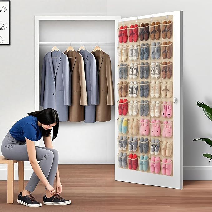 Hualleko 40-Pocket Over the Door Shoe Organizer - Large Mesh Pocket Hanging Shoe Organizer,Behind the Door Shoes Storage Holder Hanger