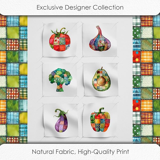 Vegetable Patchwork Cotton Fabric Panel – 6 Designs (10×10 inch Each) + Bonus Patchwork Sheet 29.5×19.6 inch, 100% Cotton 140 GSM