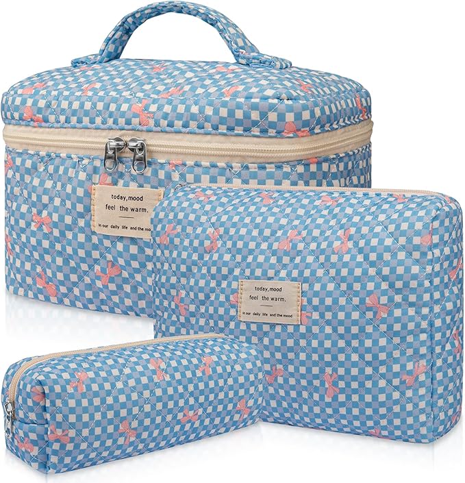 Gosect 3PC Makeup Bag Set, Cute Cosmetic Bag for Women Girls, Floral Coquette Aesthetic Toiletry Bag, Travel Make Up Organizer Bag（Blue Check）