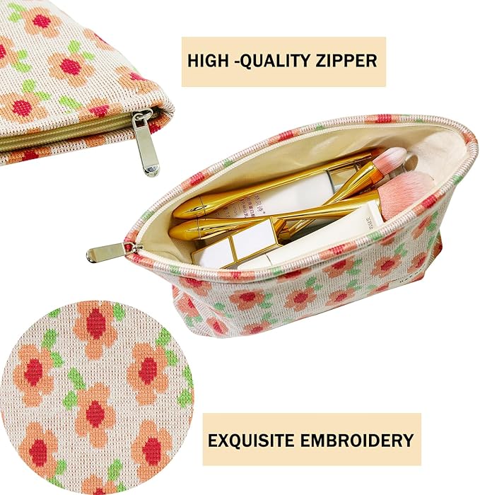 getgto 2 Pcs Makeup Bags, Large Cosmetic Bag Travel Toiletry Bag Organizer for Women, Embroidery Craft, Floral Makeup Bag Small Cosmetic Pouch Purse with Zipper Gifts for Girls Teen