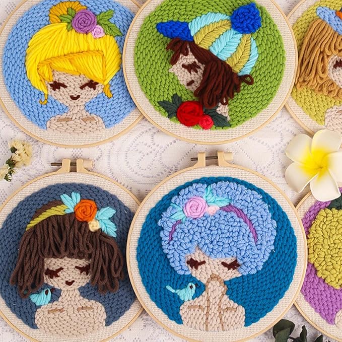 Allazone 3 Set Punch Needle Kits, 20 cm Embroidery Starter Kits with Girl Pattern, Punch Needle Tool Threader Fabric Embroidery Hoop, Yarn and Home Decor