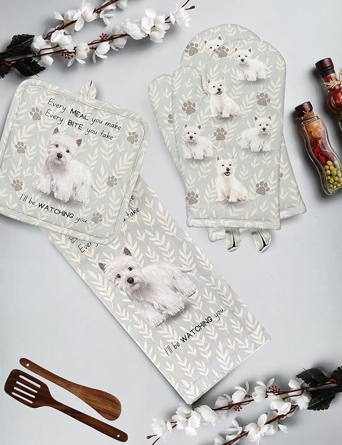 Westie 3-Piece Kitchen Set - Oven Mitt, Pot Holder & Kitchen Towel Set, Heat Resistant up to 420 F, Soft Quilted Cotton for Cooking, Baking, BBQ, Pet Lover Gifts (Westie)
