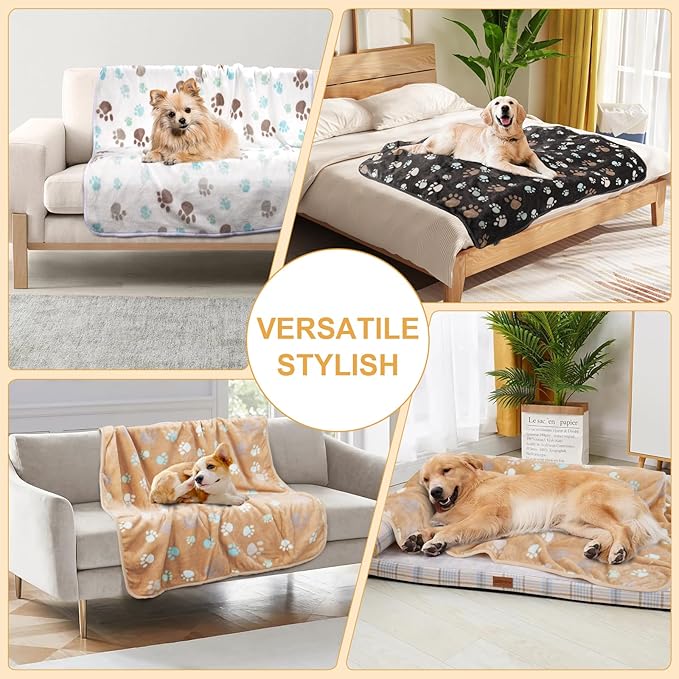 Gowyeg Dog Blanket for Large Dogs 3 Pack Dog Cat Flannel Blankets Washable Soft Pet Throw Cover for Kennel Crate Bed Cute Paw Pattern Pet Blanket Grey/White/Brown 41" x 31"