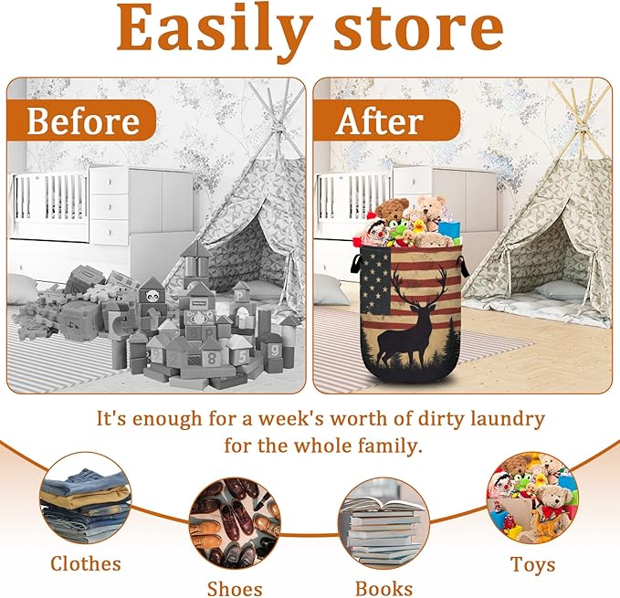 American Flag Deer Laundry Basket with Sturdy Handles, Memorial Day Patriotic Collapsible Oxford Cloth Laundry Hamper Organizer Basket for Bathroom Bedroom 15.7x20 Inch