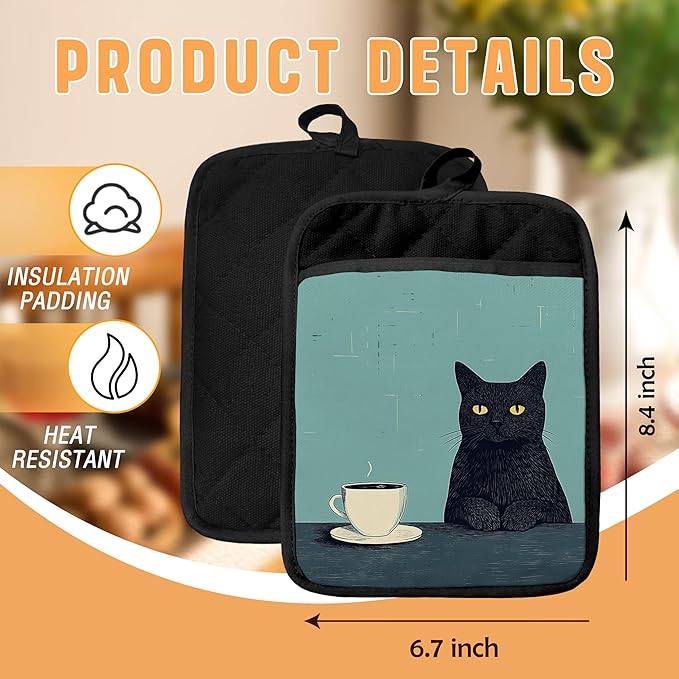 Turquoise Coffee Black Cat Pot Holders with Pockets, Cat Kitchen Decor, Vintage Quirky Black Kitten Oven Pot Holders Heat Resistant Oven Mitts Hot Pads for Kitchen Baking Cooking