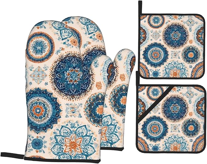 Oven Mitts and Pot Holders Sets of 4 Vintage Mandala Flower Kitchen Potholder Gloves Heat Resistant Non-Slip for Chef Baking Cooking Grilling BBQ Mittens