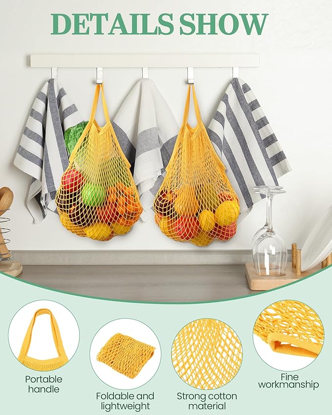 Eccliy 12 Pcs Reusable Mesh Grocery Bags Portable Cotton Produce Containers Washable Net Mesh Tote Bag Handle String Shopping(Yellow)