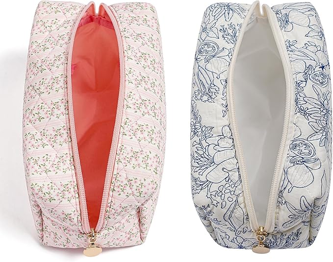 Gleyemor 2 Pieces Quilted Makeup Bag, Cute Floral Cosmetic Bag for Women, Cotton Make Up Bag Set, Flower Travel Toiletry Bag Organizer (Pink Floral+ Navy Flower)
