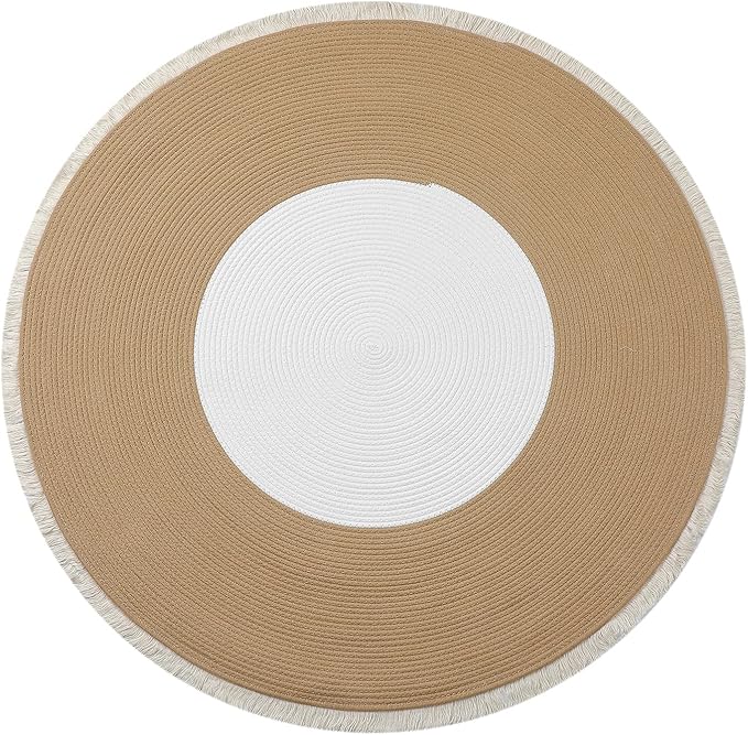 Handwoven 4ft Round Cotton Rope Rug with Tassel Trim – Washable Boho Braided Circle Rug for Bedside, Nursery, Entryway – Beige & White, Soft & Durable