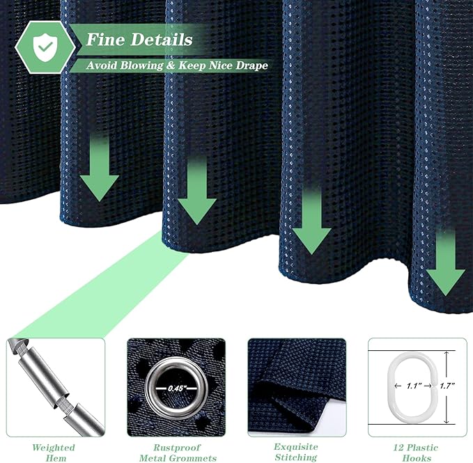 meioro Navy Blue Shower Curtain, Waffle Weave 256GSM Heavy Duty Textured Fabric Shower Curtains for Bathroom Hotel Spa, Luxury Weighted Polyester Cloth Bath Curtain Set with 12 Hooks, 72Wx96H