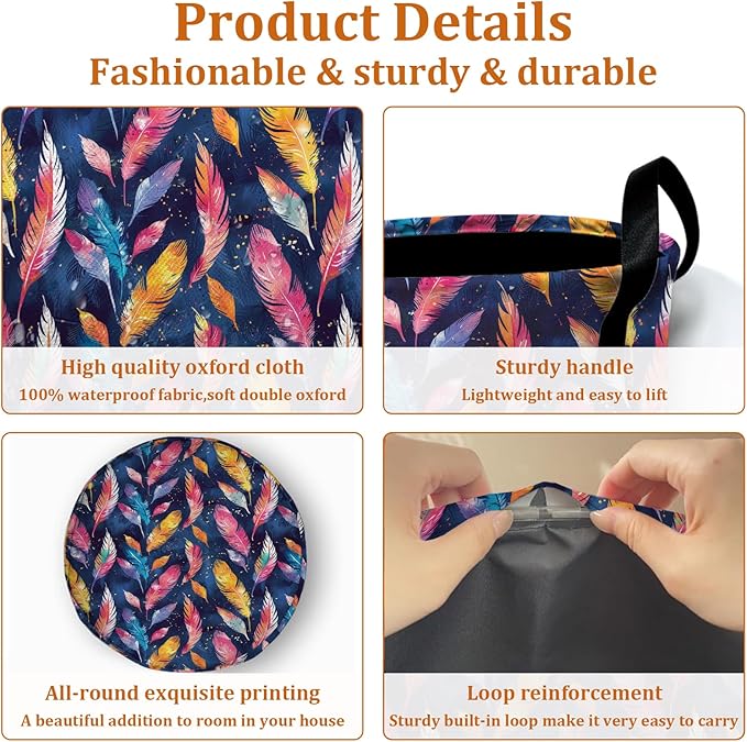 Colorful Feather Laundry Basket with Sturdy Handles, Collapsible Oxford Cloth Laundry Hamper Organizer Basket for Bathroom Bedroom 15.7x20 Inch