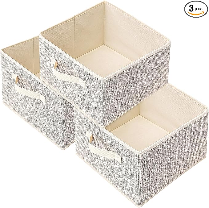 EITMOW Storage Baskets, 11-Inch Woven Fabric Bins, Storage Cubes with Reinforced Handles, Organizer Bins for Closet Shelves, Foldable, for Toys, Clothes, Natural Beige (3PCS/Beige-11*11*7.8inch)