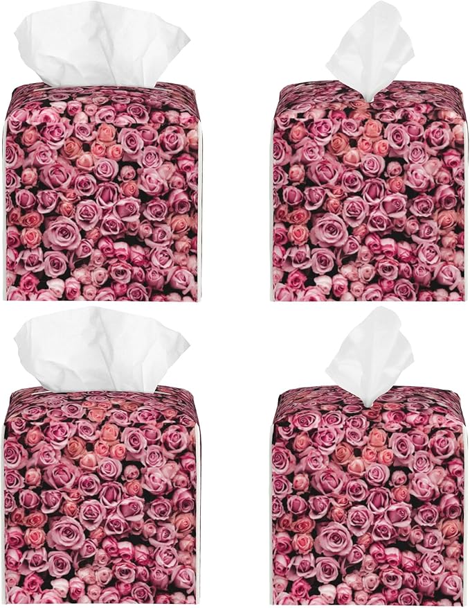 POIUBLE Pink Rose Flower Tissue Box Cover Leather Tissue Box Holder Square Facial Paper Organizer Dispenser for Bathroom Kitchen Bedroom Vanity Countertop Night Stands