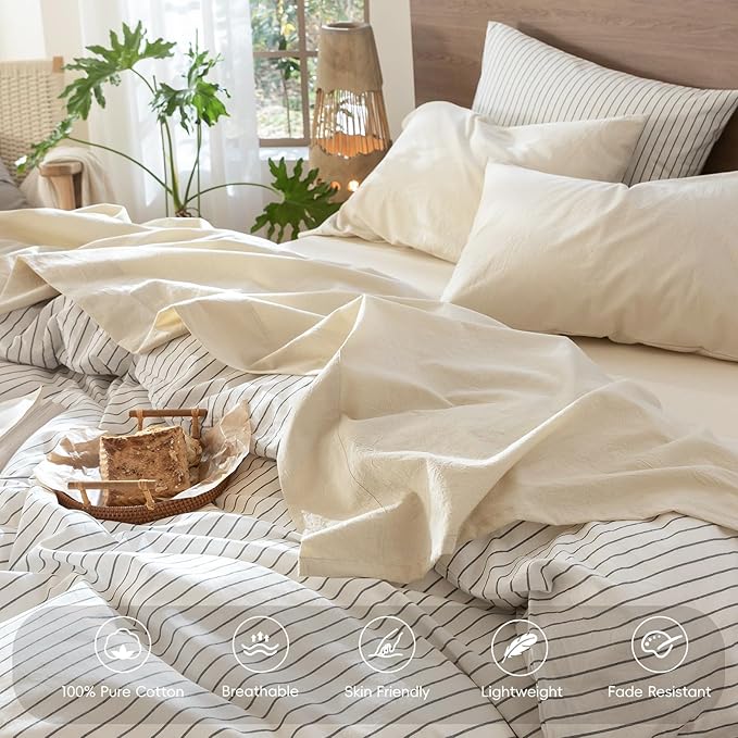 MooMee Bedding Sheet Set 100% Washed Cotton Linen Like Textured Breathable Durable Soft Comfy (Heathered Almond Milk Grey, Split King)