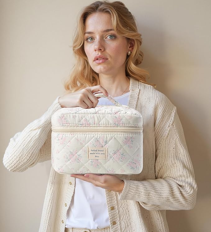 HBselect Christmas Gifts Large Quilted Makeup Bag, Cute Cotton Travel Makeup Bag with Handle, Portable Coquette Floral Make up Bags, Toiletry Organizer Make up Bags for Women Teen Girls Mom
