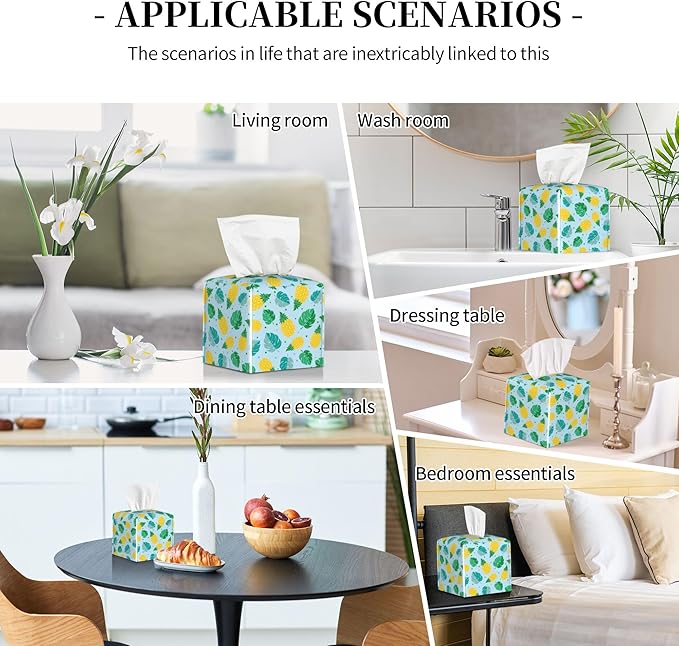 POIUBLE Pineapple and Tropical Leaves Tissue Box Cover Leather Tissue Box Holder Square Facial Paper Organizer Dispenser for Bathroom Kitchen Bedroom Vanity Countertop Night Stands