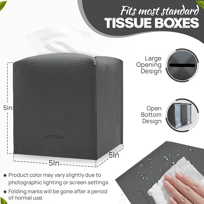 Tissue Box Cover Holder, PU Leather Tissue Box Cover Square with Bottom Belt, Cube Tissue Holder for Bathroom, Modern Organizer for Car, Office, Tabletop (Charcoal, 14 Leather Patterns)