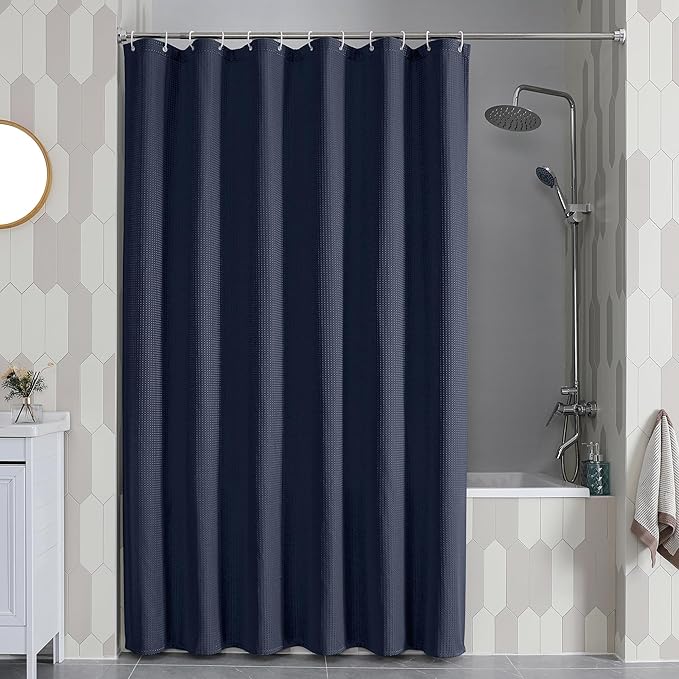 OVZME Extra Long Shower Curtain Set - 84 Inch Long Waffle Weave Heavy Duty Cloth Shower Curtain for Bathroom, Luxury Weighted 230GSM Bath Curtain Set with 12 Plastic Hooks, 72x84, Navy Blue