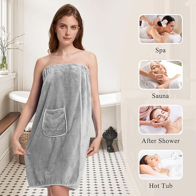PJGGZ Towel Wrap for Women, Three Adjust Clasps Closure Bath Wraps After Shower Spa Sauna Bathrobe(Available in Plus Size)