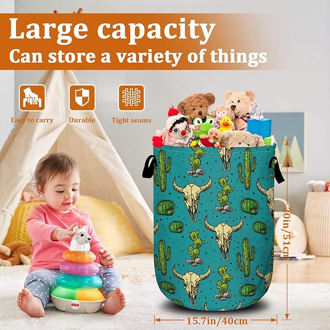 Colorful Desert Cowboy Laundry Basket with Sturdy Handles, Collapsible Oxford Cloth Laundry Hamper Organizer Basket for Bathroom Bedroom 15.7x20 Inch