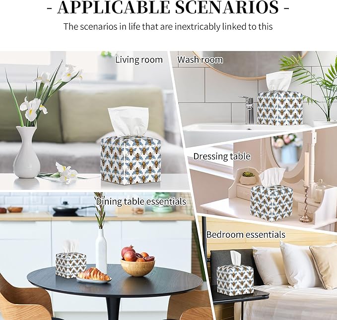 POIUBLE Honey Bee Tissue Box Cover Leather Tissue Box Holder Square Facial Paper Organizer Dispenser for Bathroom Kitchen Bedroom Vanity Countertop Night Stands