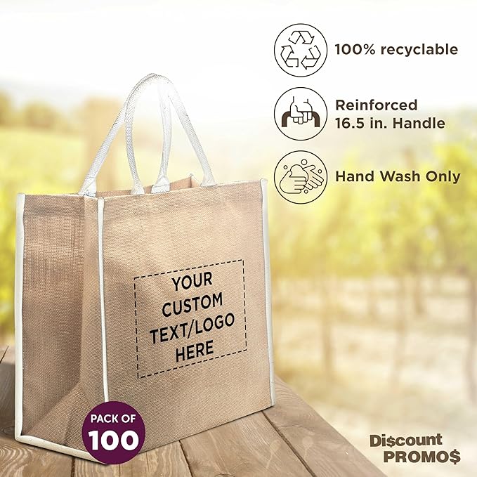 DISCOUNT PROMOS Custom Fresno Eco Friendly Jute Tote Bags Set of 100, Personalized Bulk Pack - Reusable, Great for Tradeshows, Grocery, Shopping and Outdoor Events - Light Beige