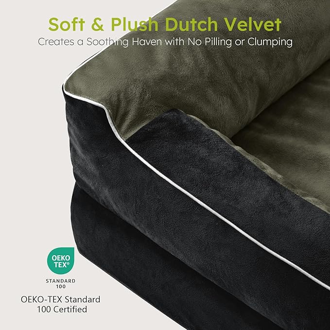 CWAWZ Dog Beds for Large Dogs, Orthopedic Dog Bed with Cooling Gel Memory Foam, Waterproof Large Pet Bed with Removable Washable Cover, 36" Pet Sofa Couch Dutch Velvet with Bone Toy, Black