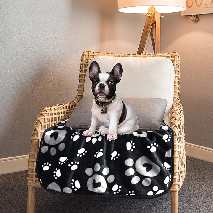 AHOOCUSTOM Dog Blanket, Soft Fleece Dog Blankets for Small Medium Dogs, Fluffy Flannel Pet Cat Puppy Blanket Mat Cover for Bed Couch, Cute Paw Print Throw Blanket for Dogs, Black 40"X30"