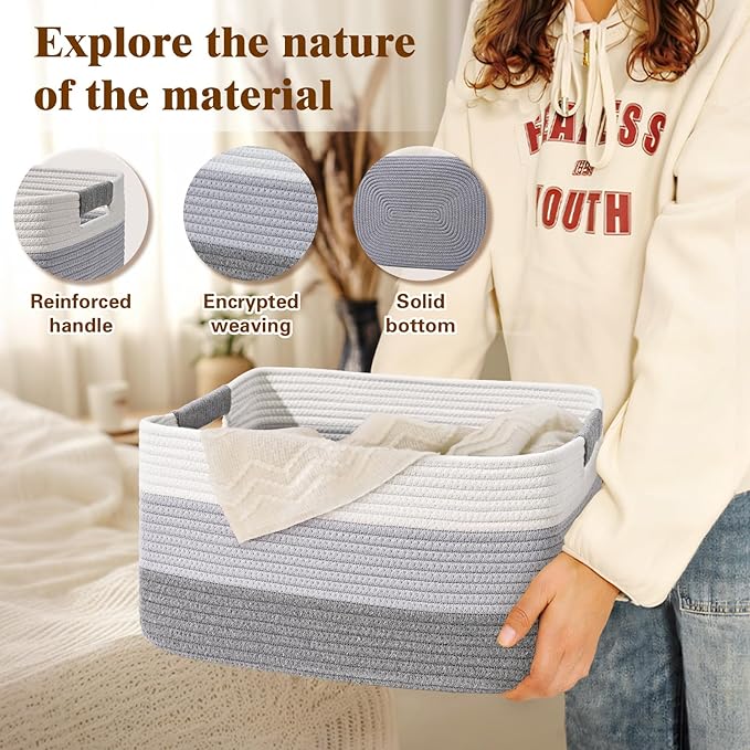 3 Pack Large Storage Basket for Organizing, 17.5"x13.5"x7.5" Woven Basket for Shelves, Closet Cube Storage Bins with Wrapped Handle, Cotton Rope Baskets for Kitchen, Clothes, Toys(Gradient Grey)