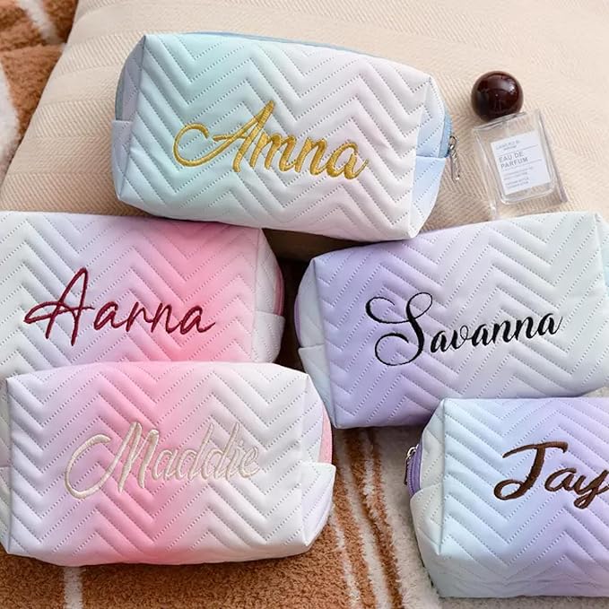 Personalized Makeup Bag with Name, Custom Embroidered Cosmetic Bags for Women Girls, Corduroy Gradient Pouch, Initial Quilted Bag,Travel Toiletry Pouch, Gifts for Bride Bridesmaid , Birthday, Wedding