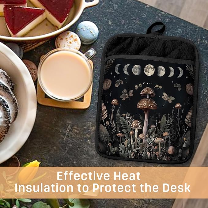 Enchanted Forest Witchy Moon Mushroom Pot Holders with Pockets, Cottagecore Mystical Butterfly Botanical Oven Pot Holders Heat Resistant Oven Mitts Hot Pads for Kitchen Baking Cooking