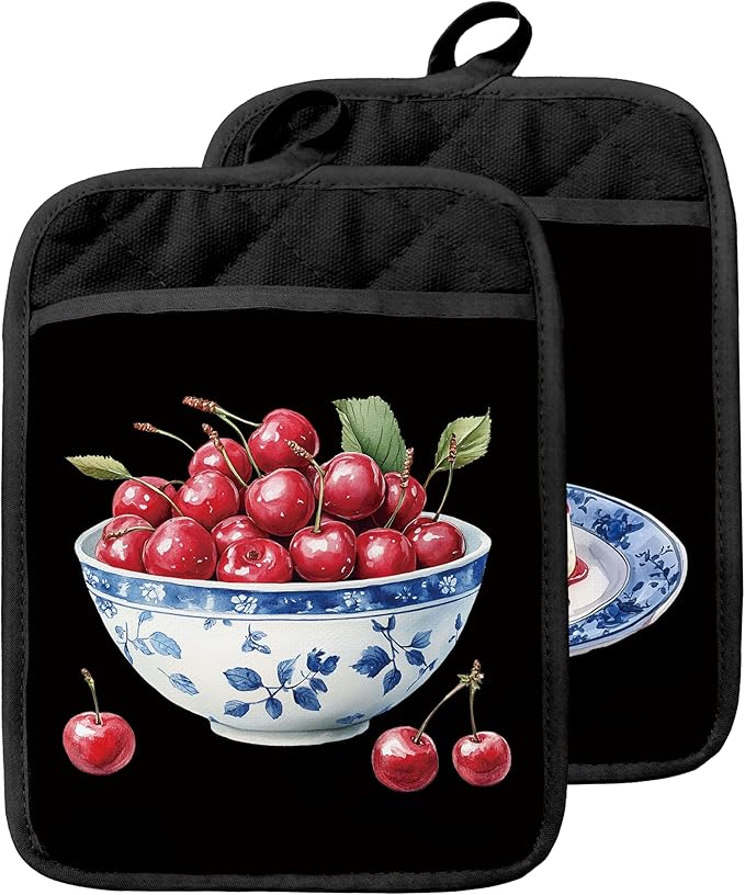 Chinoiserie Cherry Cake Pot Holders with Pockets, Red and White Grandmillennial Cherry Fruit Oven Pot Holders Heat Resistant Oven Mitts Hot Pads for Kitchen Baking Cooking