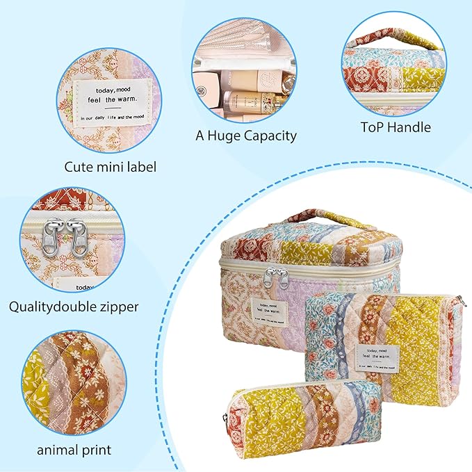 Cozomga Quilted Makeup Bag, Large Capacity Travel Cosmetic Bag for Women and Girls, Aesthetic Storage for Daily and Travel Use (3pcs-EthnicStyle)