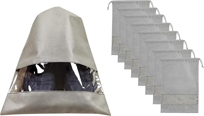 ANIZER 8 PCS 11.8"x17.3" Non-Woven Dustproof Drawstring Bag Travel Shoe Bags Dust Cover Pouch Bag Storage with Visual Window for Handbags Purses Shoes (GREY)