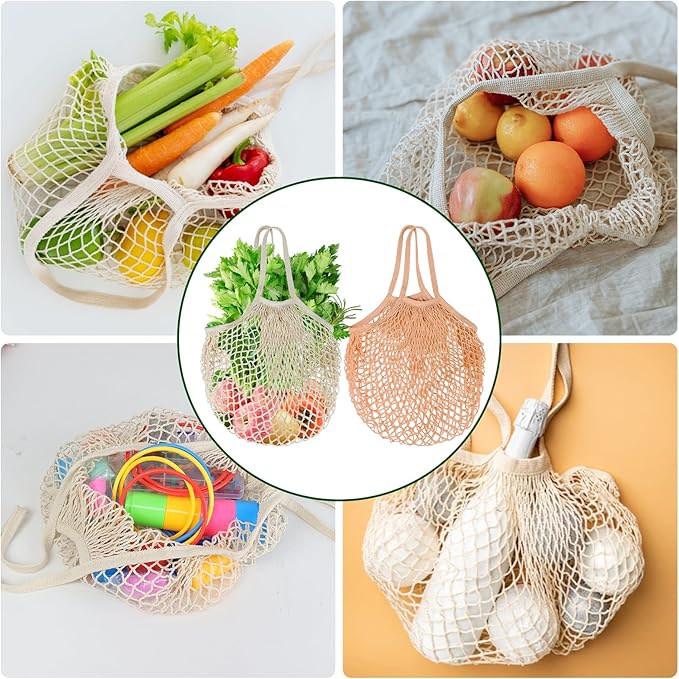 Mordx 2-Pack Reusable Mesh Grocery Bags, 100% Cotton String, Long Handle Produce Bags, Fruit & Veggie Storage