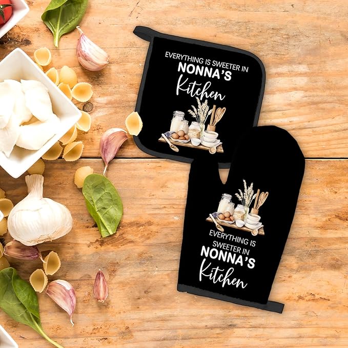 Nonna Gifts Oven Mitts and Pot Holders Sets, NonnaGifts from Grandkids Kitchen Accessories Sets, Sweeter in Nonna’s Kitchen Grandma Heat Resistant Oven Glove Potholders for Cooking Baking
