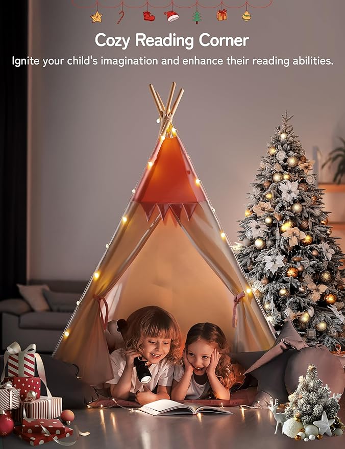 Teepee Tent for Kids Indoor,Kids Play Tent, Toddler Teepee Girls Boys, Baby Teepee, Children Room, Reading Tp,Canvas Playhouse with Lights and Mat (Peachy-Pink, Padded mat)