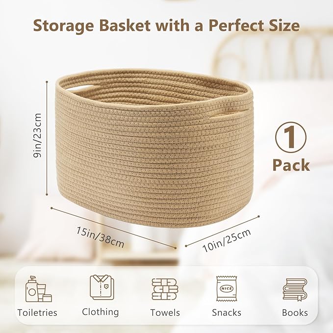 ECDYQXVU Cotton Rope Storage Basket, 15x10x9 Inches, Woven Basket for Shelves, Clothes, Towels, Books, and Laundry, Jute Brown (1 Pack)