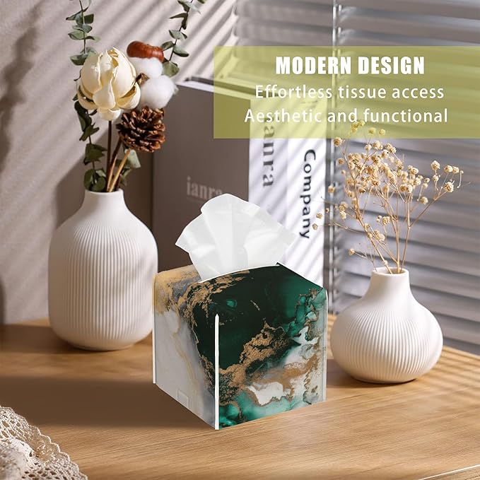 BLYKVGHQ Square Tissue Box Cover Teal and Gold Marble Tissue Box Holder Facial Cube Paper Dispenser Leather Decorative Organizer Home Office Desk Decor, 5.2"x5.2"x5.2"