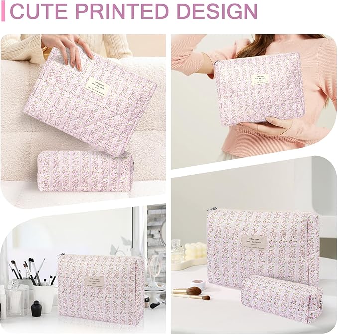 Gosect 2PC Makeup Bag Set, Cute Cosmetic Bag for Women Girls, Floral Coquette Aesthetic Toiletry Bag, Travel Make Up Organizer Bag (Pink Floral)