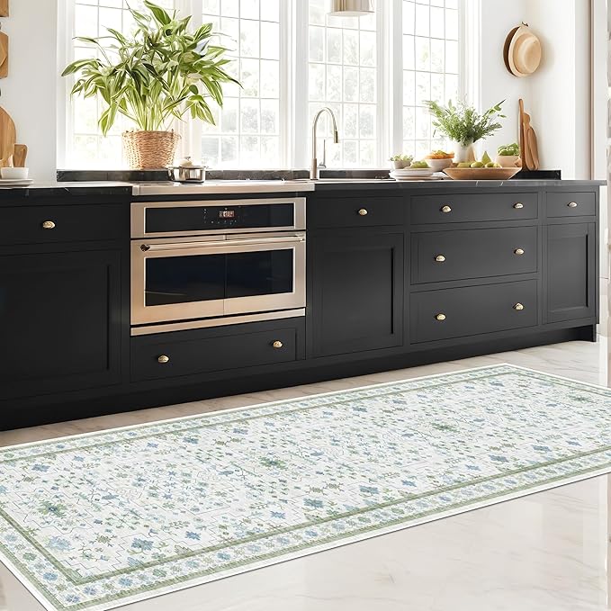 Oushak Wide Hallway Runner Rug 2'6"x8' - Vintage Turkish Floral, Washable Low Pile Non Slip Extra Long Runners for Kitchen, Hall Way - Cream Blue and Green