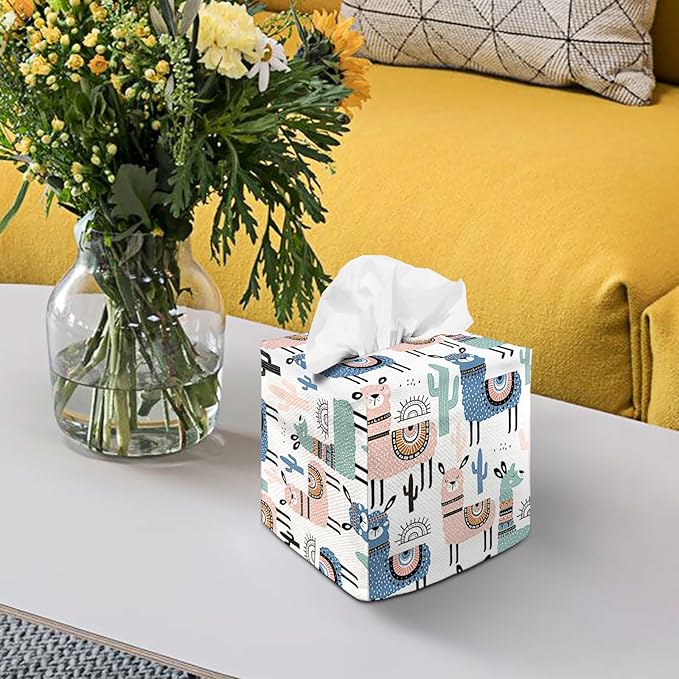 Tissue Box Cover Square Decorative Tissue Box Holder Cute Funny Cube Tissue Case Cover-Alpaca Tissue Box Cover