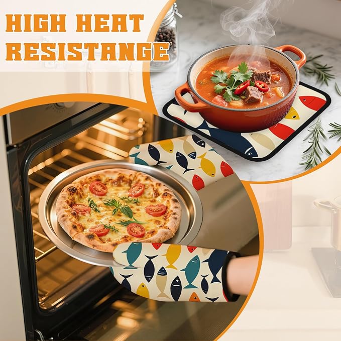 Cute Fish Oven Mitts and Pot Holders Set,Boho Kitchen Decor Heat Resistant Non Slip Hot Pads and Oven Mitt for Chef Cooking Baking BBQ Mom Girl Gifts(4 Piece Set)