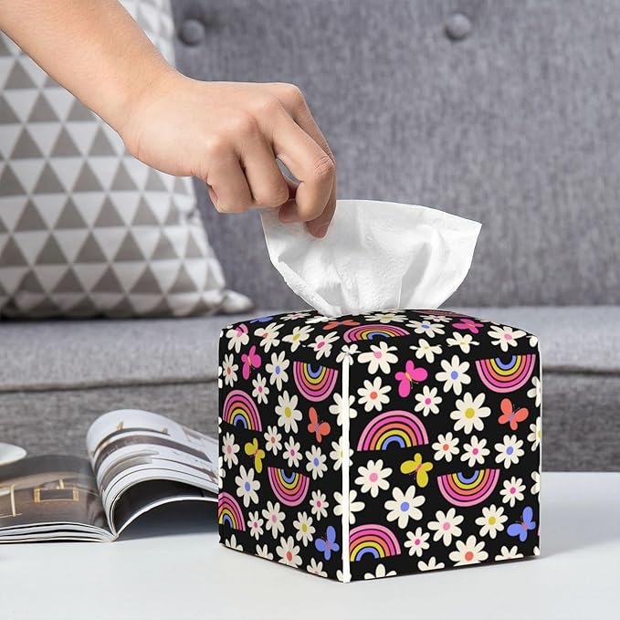 POIUBLE Leather Tissue Box Holder Rainbow Daisy Flower Tissue Box Cover Square Waterproof Tissue Holder Organizer Modern Napkin Holder for Bedroom Dresser Night Stand Office Desk