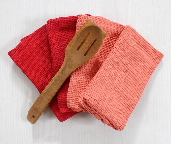 ACCENTHOME 100% Cotton Waffle Weave Kitchen Towel Set of 4 Super Soft Absorbent Christmas Tea Towels Durable Cleaning Dish Cloths for Mess & Quick Drying Dishes Rags 18x26 inches in Red & Coral Color