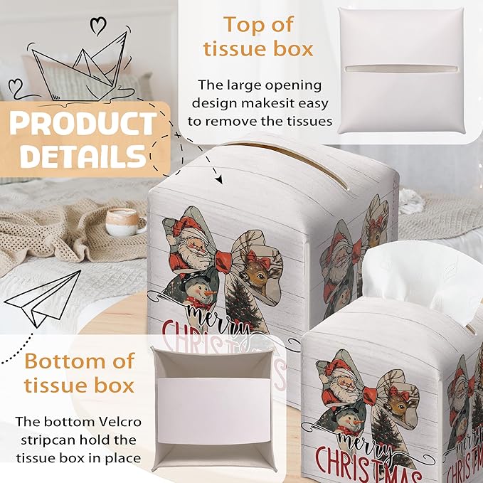 Merry Christmas Tissue Box Holder, Santa Claus Bow Reindeer Snowman Leather Tissue Box Cover Square, Paper Facial Decorative Tissues Cover for Bathroom Kitchen Office Home Decor-B26