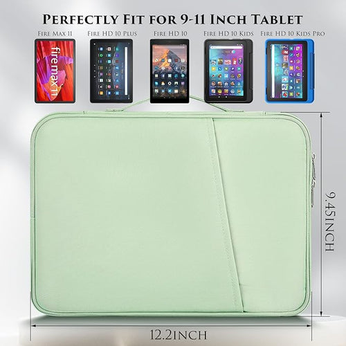 9-11 Inch Tablet Sleeve Case for 2023 Amazon Fire Max 11 Inch/Fire HD 10 Plus & Fire HD 10 Plus Kids Pro 10.1", 11-Inch iPad Pro M5 M4 / Air 11 M3 M2 2025 2024/iPad 11th Tablet Carrying Bag(Green)